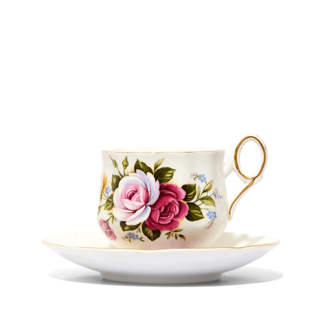 Fine Bone China Teacup and Saucer: This exquisite teacup and saucer set features abundant pink and yellow roses. Marked "ROYAL CREST" "FINE BONE CHINA" "MADE IN ENGLAND" Disclaimer: This item is offered for sale as a pre-owned,