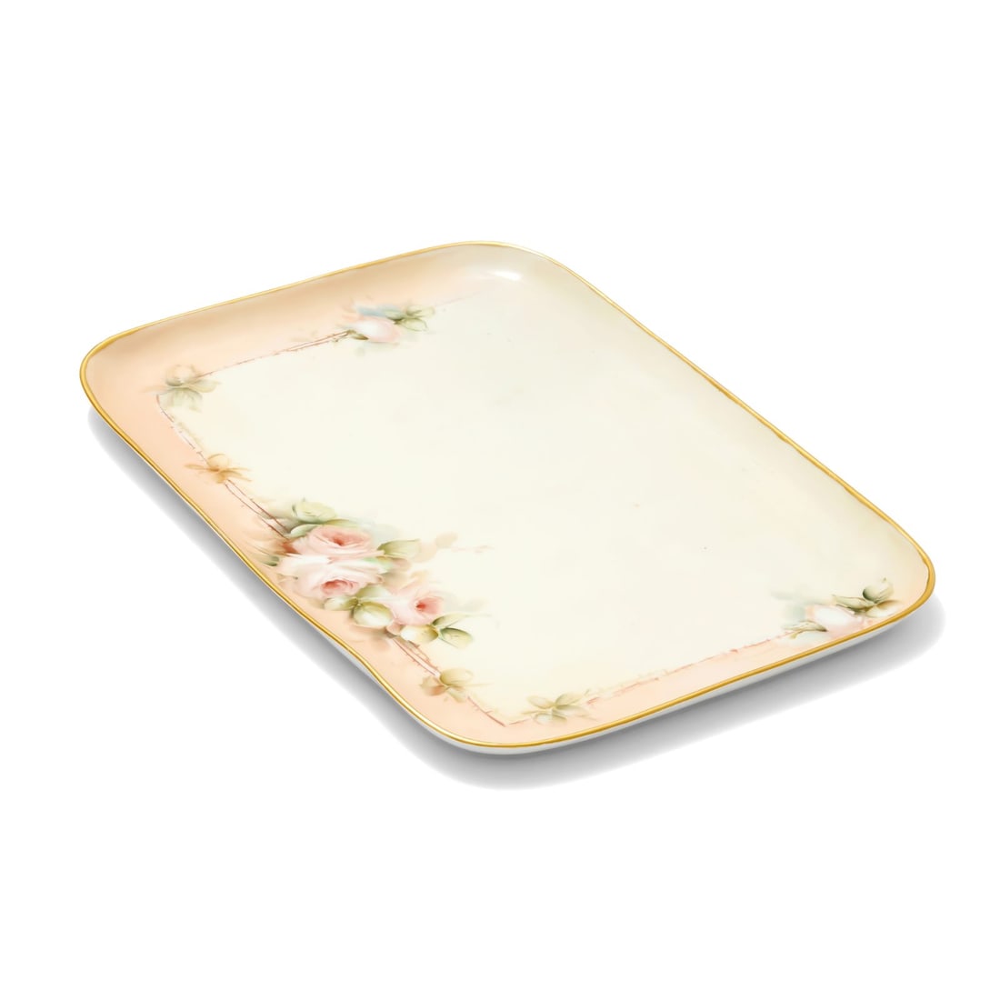 Tray with Rose Design: Rectangular tray featuring a delicate design of pink roses and green foliage. Disclaimer: This item is offered for sale as a pre-owned, vintage, antique, estate, or consigned item. We do not