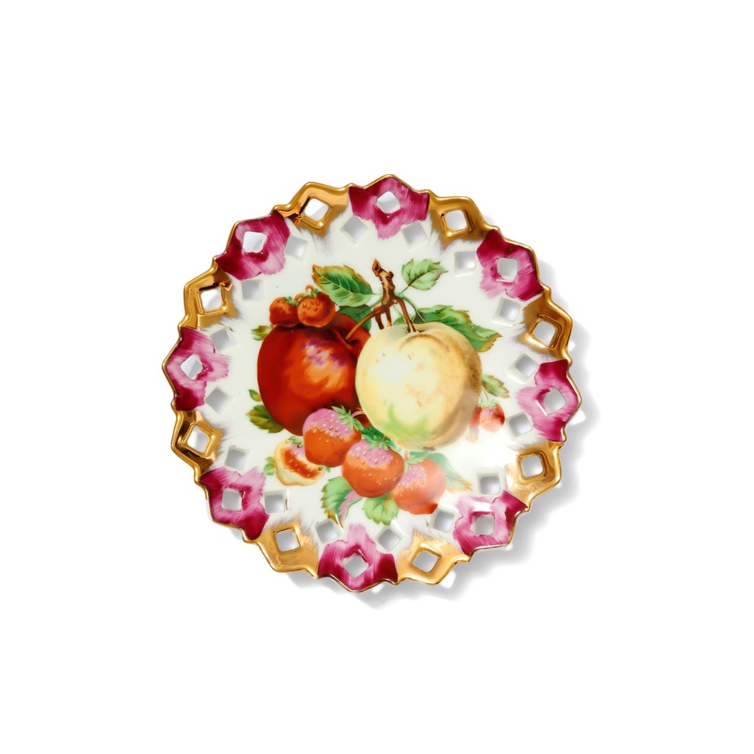 Decorative Dish With Fruit Motif: Central design depicts various fruit with green foliage. The plate is ideal for display as a decorative accent. Disclaimer: This item is offered for sale as a pre-owned, vintage, antique, estate, or