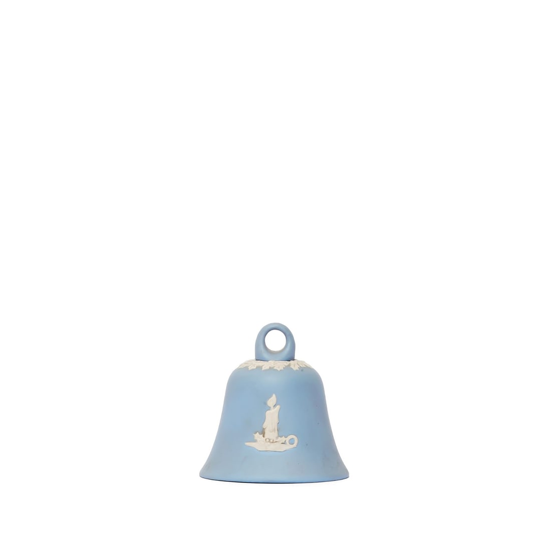 Blue and White Candle Christmas Bell: Bell featuring matte pale blue ground adorned with white detailing. Disclaimer: This item is offered for sale as a pre-owned, vintage, antique, estate, or consigned item. We do not manufacture this
