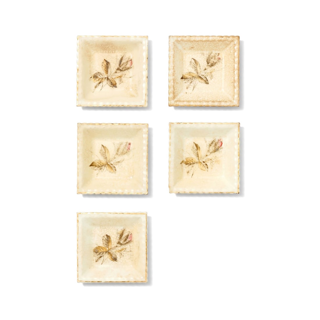 Set of Five Mini Dishes: Set of five mini dishes featuring a delicate floral design. Each dish is square with scalloped edges. Measurements reflect single dish. Disclaimer: This item is offered for sale as a pre-owned, vintag