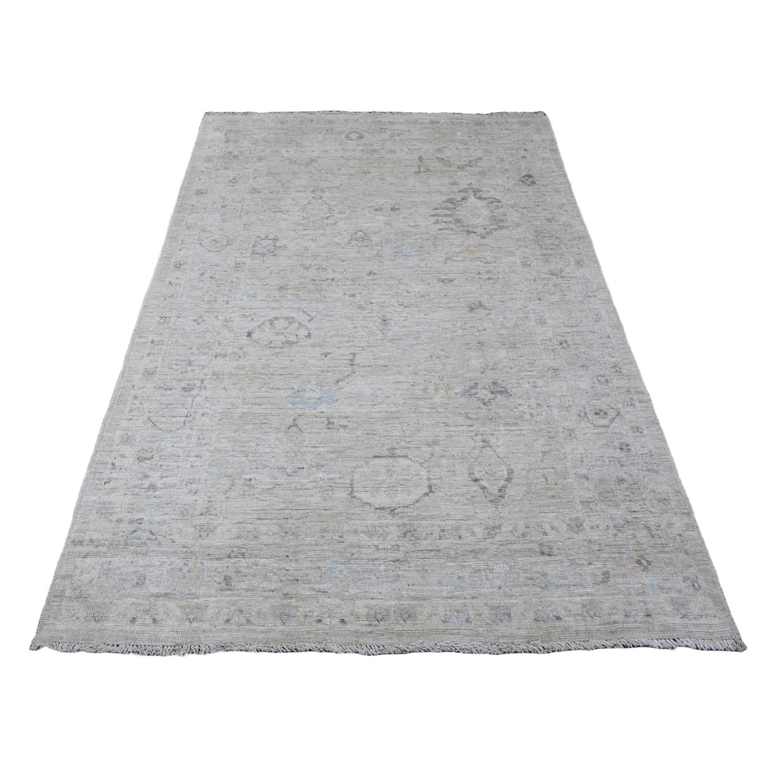 Gray Afghan Angora Oushak All Over Pattern Hand Knotted Pure Wool Rug: Title: Gray Afghan Angora Oushak All Over Pattern Hand Knotted Pure Wool Rug Description:This is a truly genuine one-of-a-kind. It has been Knotted for months and months in the centuries-old weaving c