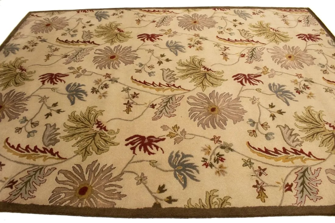 Cream Floral Modern 8X11 Oriental Hand-Tufted Rug - 7