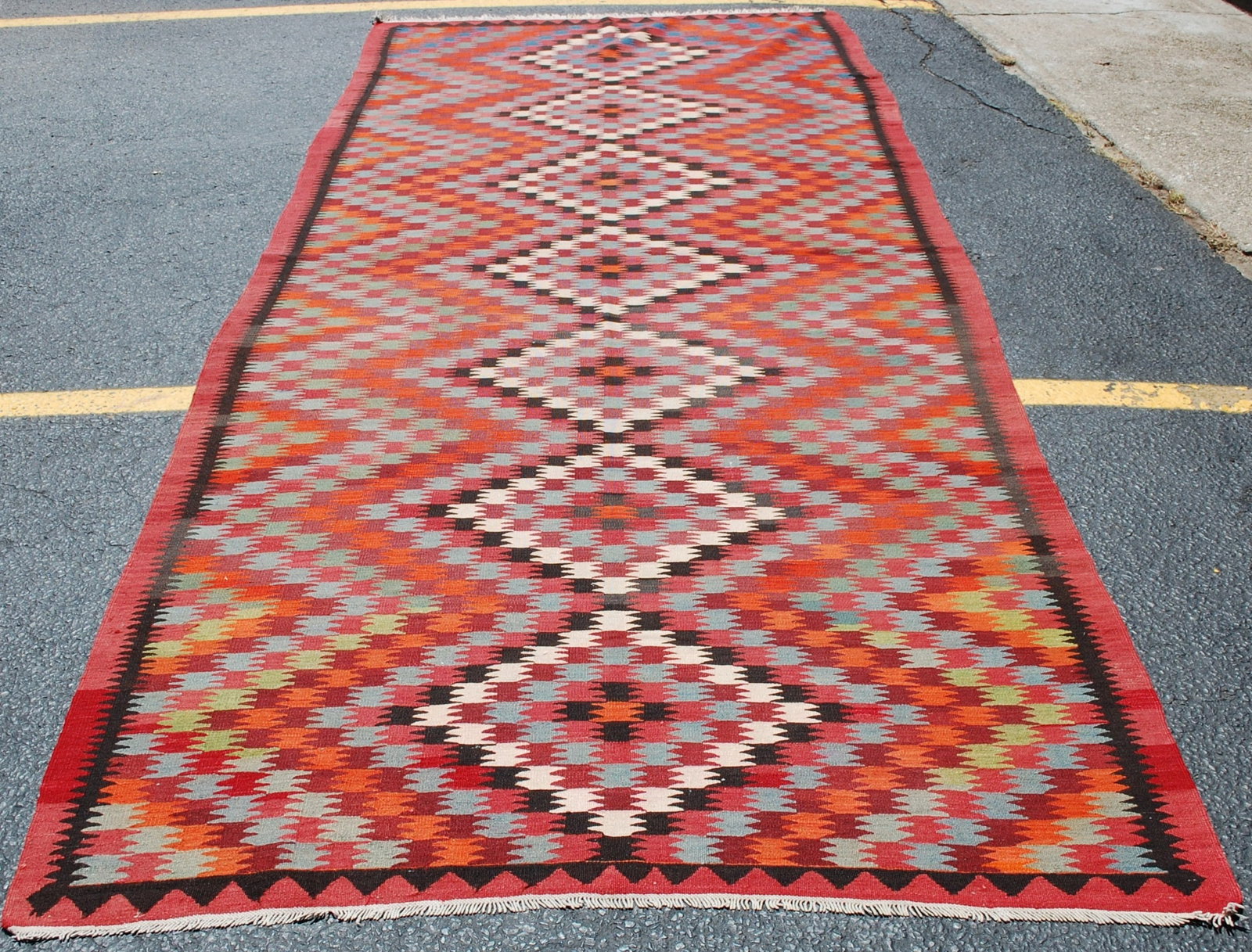 CAUCASIAN KILIM 5x12.7: Title:CAUCASIAN KILIM 5x12.7 Descritpion: ANTIQUE VERY FINE WOVEN CAUCASIAN KILIM FLAT WOVEN RUG COLORFUL EYE DAZZLER DESIGN..with exact and very rare size of 5' x 12' 7" colors including Red,Ivory,Be