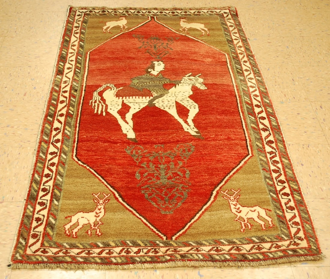 Persian SHIRAZ RUG 3.6x6.1: Title: Persian SHIRAZ RUG 3.6x6.1 Descritpion:OLD,ANTIQUE RARE SIZE HUMAN SUBJECT ON HORSE BACK ANTIQUE CAMEL HAIR_WOOL AUTHENTIC HAND KNOTTED Persian QASHKI SHIRAZ RUG with exact size of 3' 6" x 6' 1