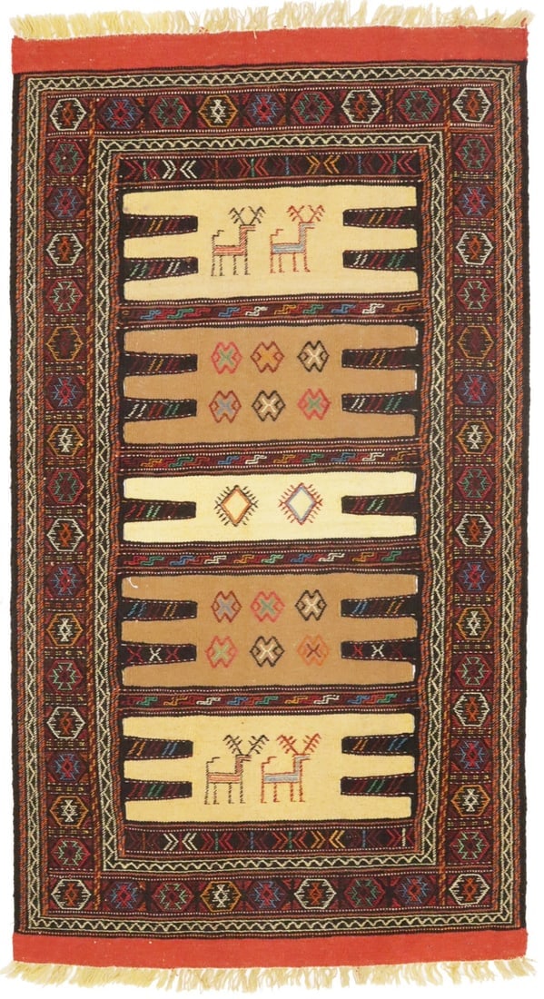 Beige Cream Tribal 3X5'7 Sumak Herati Persian Rug: Title:Beige Cream Tribal 3X5'7 Sumak Herati Persian Rug Description :Handmade 3X5'7 beige Oriental rug made with natural dyes (fine wool pile and cotton foundation), superior knot count, and appealing