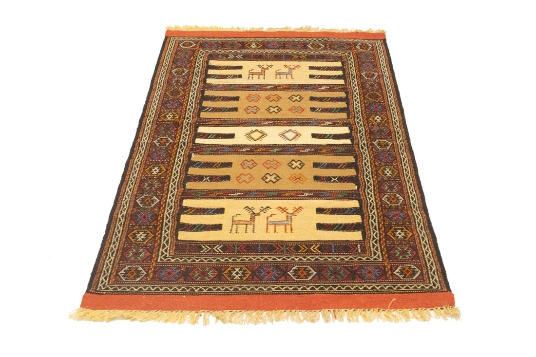 Beige Cream Tribal 3X5'7 Sumak Herati Persian Rug - 3