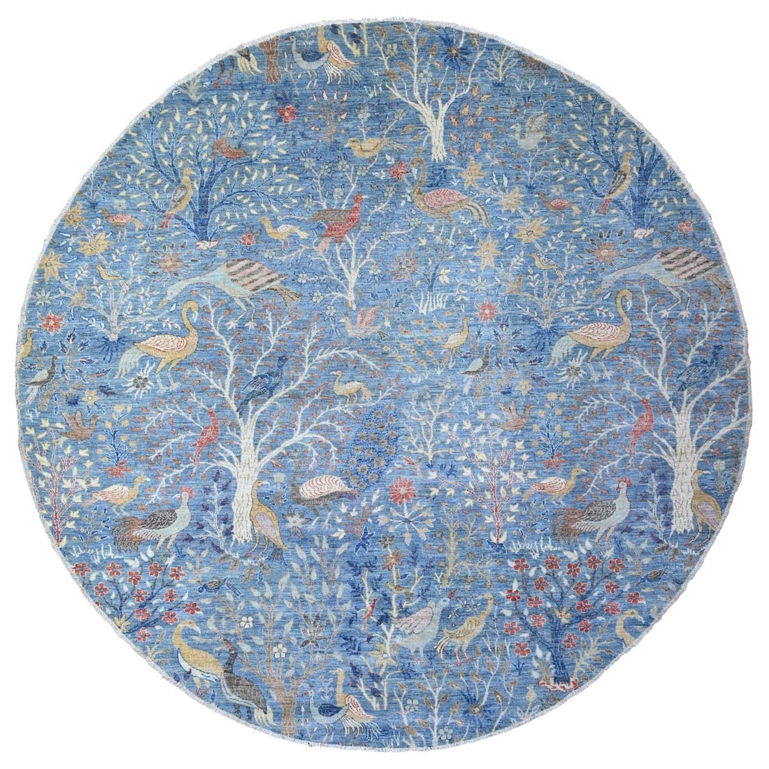 Ruddy Blue, Hand Knotted, Organic Wool, Afghan Peshawar Round Rug: Title: Ruddy Blue, Hand Knotted, Organic Wool, Afghan Peshawar Round Rug Description:This is a truly genuine one-of-a-kind. It has been Knotted for months and months in the centuries-old weaving craft
