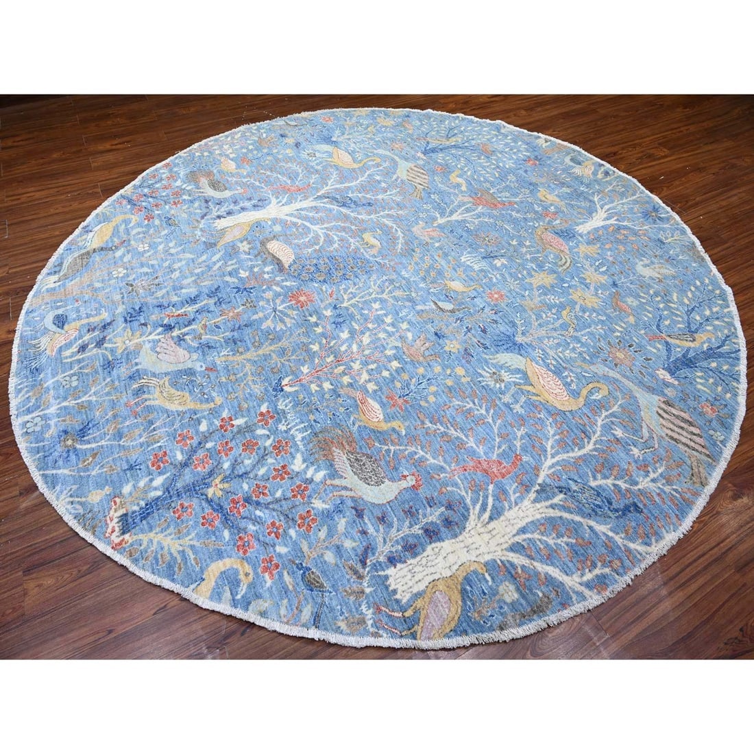 Ruddy Blue, Hand Knotted, Organic Wool, Afghan Peshawar Round Rug - 3