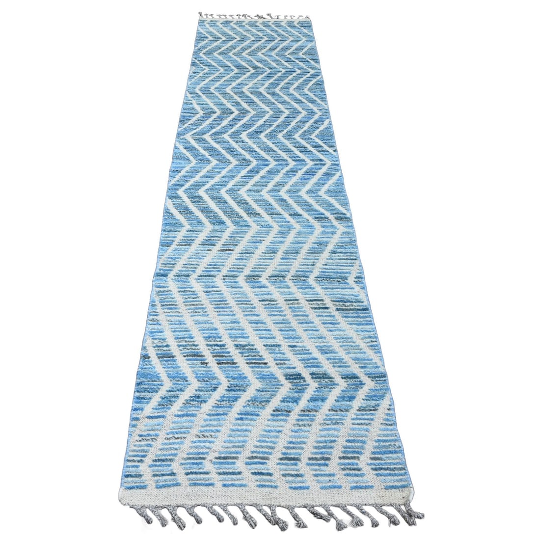 Blue Moroccan Weave Geometric Pattern All Wool Hand Knotted Runner Rug: Title: Blue Moroccan Weave Geometric Pattern All Wool Hand Knotted Runner Rug Description:This is a truly genuine one-of-a-kind. It has been Knotted for months and months in the centuries-old weaving