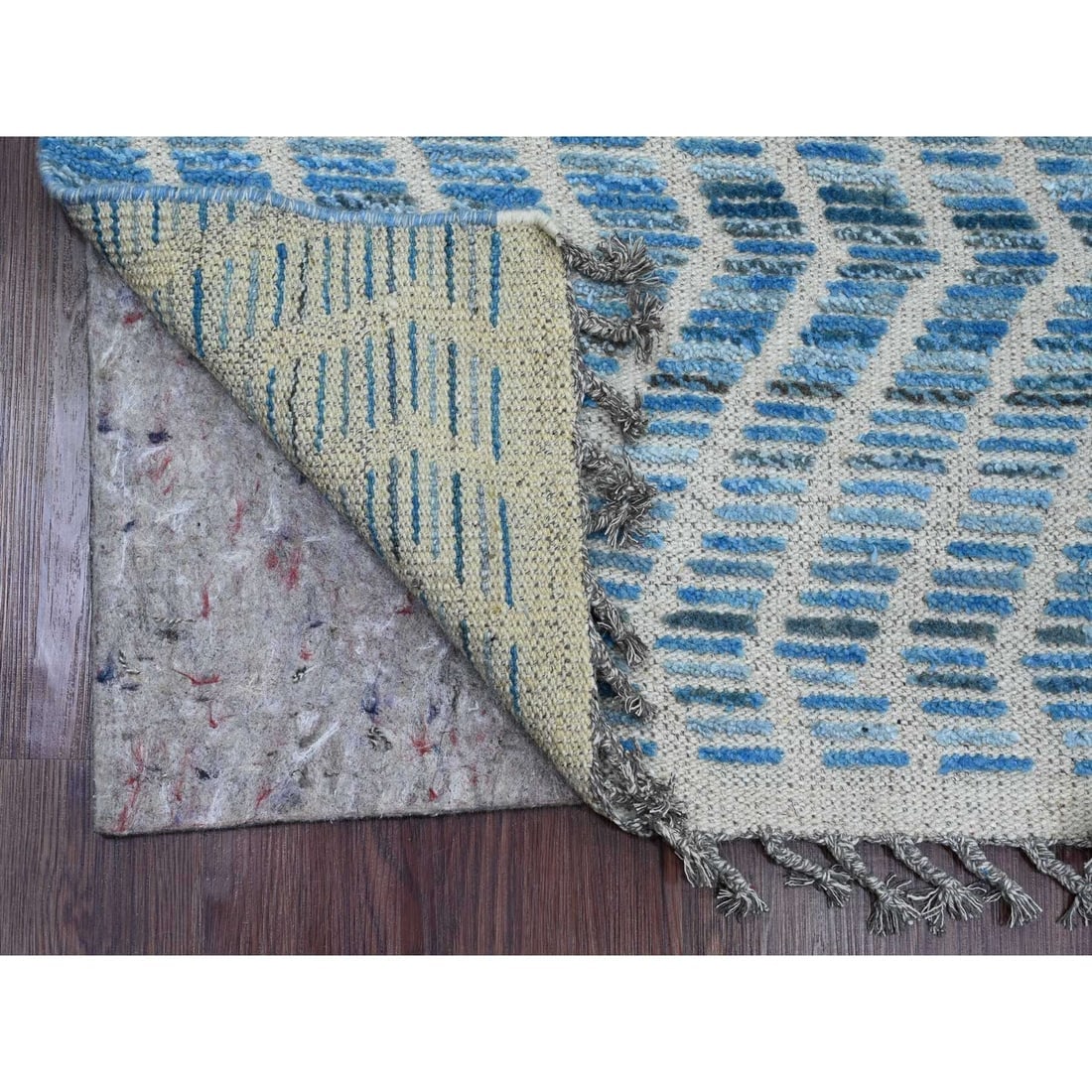 Blue Moroccan Weave Geometric Pattern All Wool Hand Knotted Runner Rug - 2
