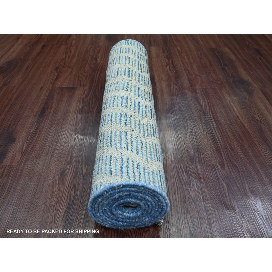 Blue Moroccan Weave Geometric Pattern All Wool Hand Knotted Runner Rug - 4