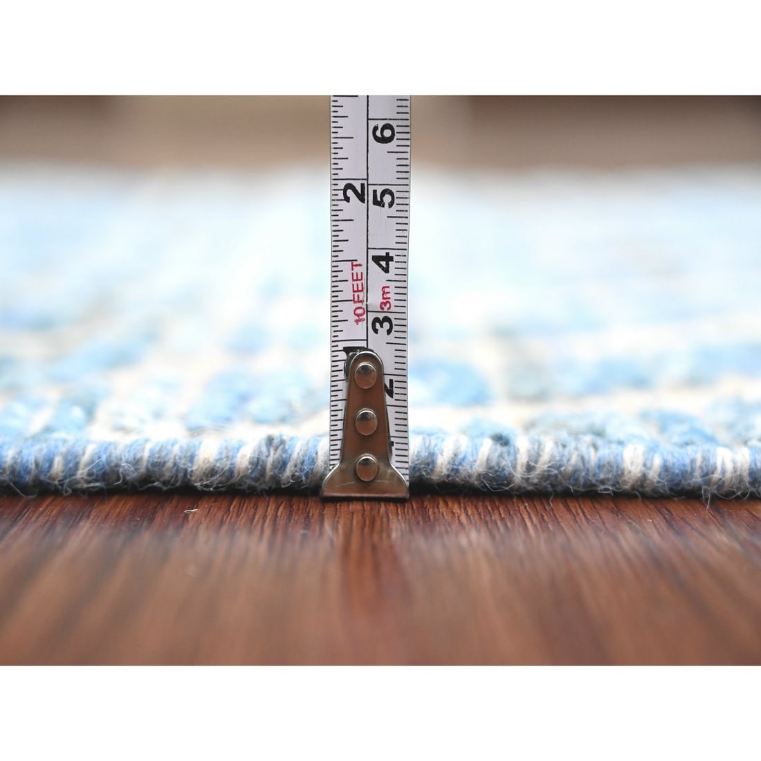 Blue Moroccan Weave Geometric Pattern All Wool Hand Knotted Runner Rug - 5