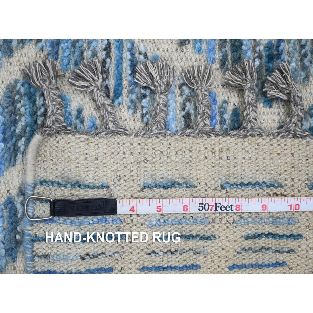 Blue Moroccan Weave Geometric Pattern All Wool Hand Knotted Runner Rug - 6