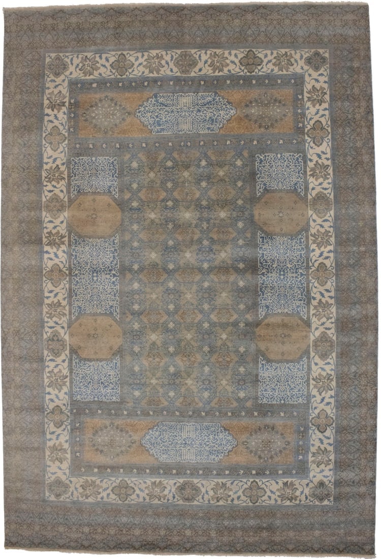 Tan Geometric 10X15 Modern Oriental Rug: Title:Tan Geometric 10X15 Modern Oriental Rug Description :Hand Knotted 10X15 tan oriental rug made with vegetable dyes (fine wool pile and cotton foundation), superior knot count, and appealing ancie