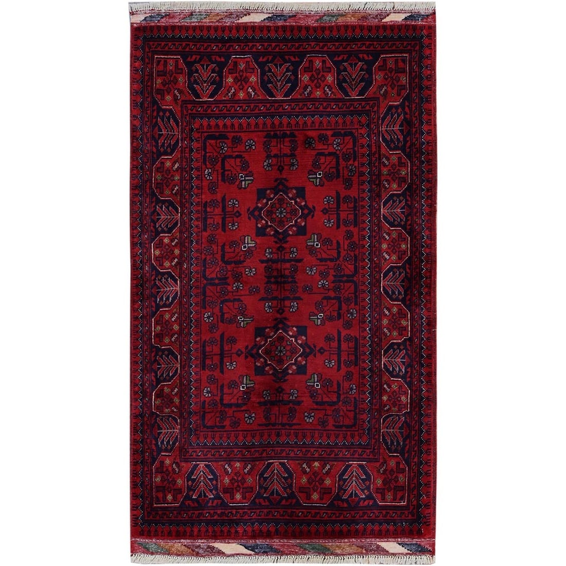 Red Afghan Khamyab Tribal Design Soft Wool Hand Knotted Oriental Rug: Title: Red Afghan Khamyab Tribal Design Soft Wool Hand Knotted Oriental Rug Description:This is a truly genuine one-of-a-kind. It has been Knotted for months and months in the centuries-old weaving