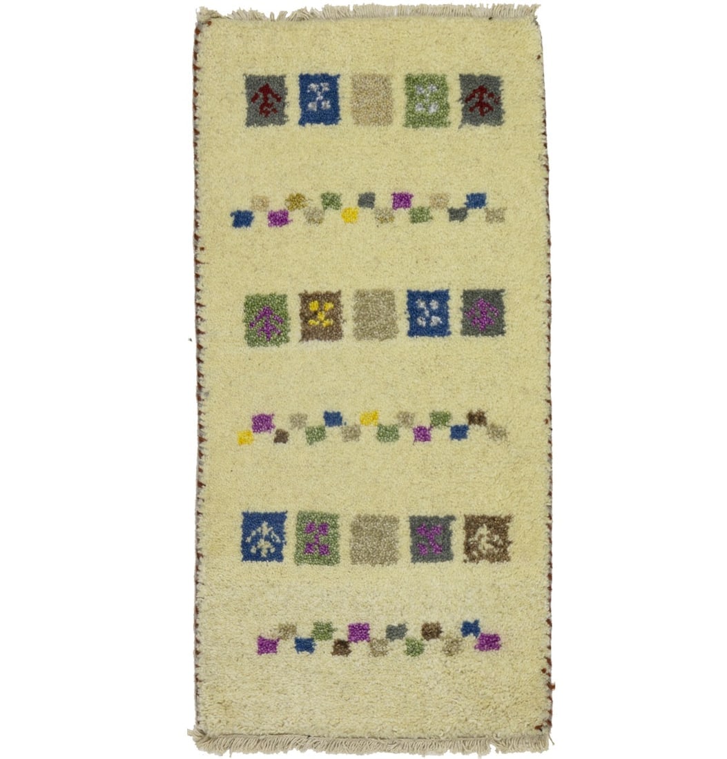 Cream Tribal 1'3X2'7 Indo-Gabbeh Oriental Rug: Title:Cream Tribal 1'3X2'7 Indo-Gabbeh Oriental Rug Description :Hand Knotted 1'3X2'7 cream Oriental rug made with vegetable dyes (fine wool pile and cotton foundation), superior knot count, and appea