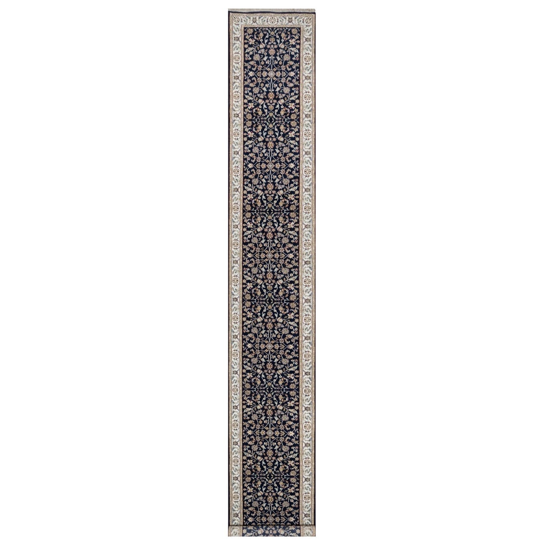 Graphite Blue Nain with Flower Design Wool and Silk Hand Knotted Rug: Title: Graphite Blue Nain with Flower Design Wool and Silk Hand Knotted Rug Description:This is a truly genuine one-of-a-kind. It has been Knotted for months and months in the centuries-old weaving cr
