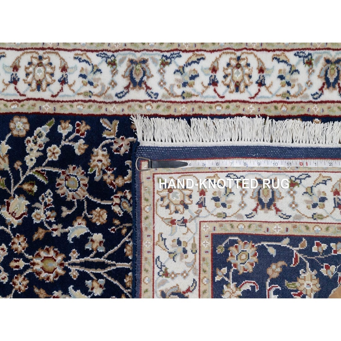 Graphite Blue Nain with Flower Design Wool and Silk Hand Knotted Rug - 8