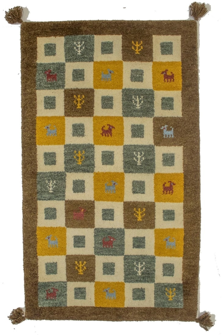 Multicolored Tribal 2X4 Indo-Gabbeh Oriental Rug: Title:Multicolored Tribal 2X4 Indo-Gabbeh Oriental Rug Description :Handmade 2X4 brown oriental rug made with natural dyes (fine wool pile and cotton foundation), superior knot count, and alluring