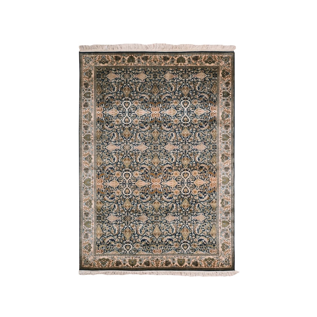 Graphite Blue Pure Silk 400 KPSI Hand Knotted All Over Design Rug: Title: Graphite Blue Pure Silk 400 KPSI Hand Knotted All Over Design Rug Description:This is a truly genuine one-of-a-kind. It has been Knotted for months and months in the centuries-old weaving craft