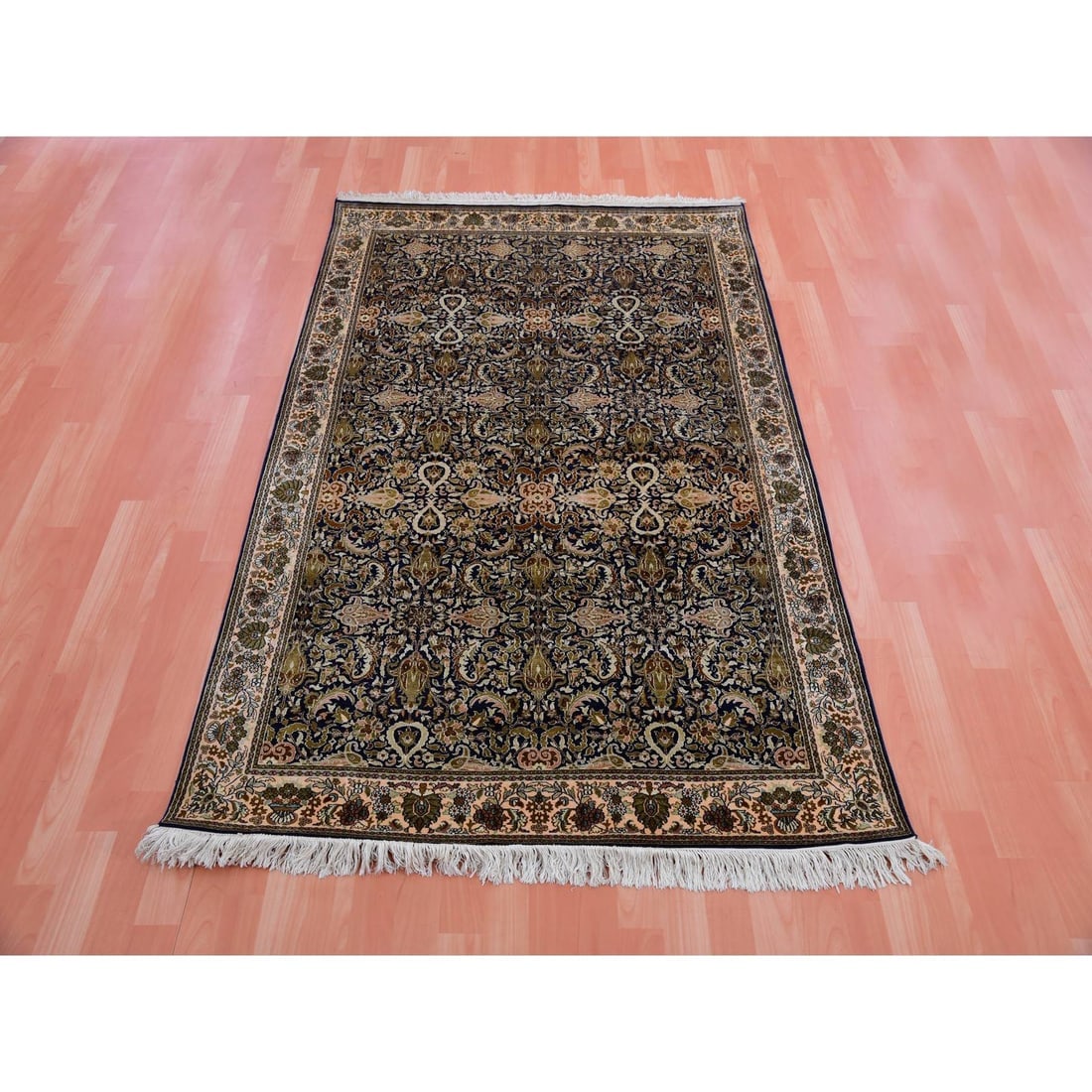 Graphite Blue Pure Silk 400 KPSI Hand Knotted All Over Design Rug - 2