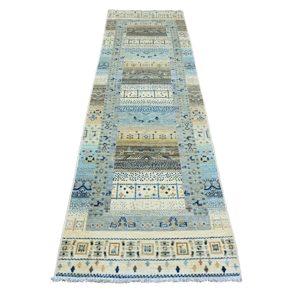 Ivory Fine Kashkuli Animal Figurines Hand Knotted Soft Wool Runner Rug: Title: Ivory Fine Kashkuli Animal Figurines Hand Knotted Soft Wool Runner Rug Description:This is a truly genuine one-of-a-kind. It has been Knotted for months and months in the centuries-old weaving 