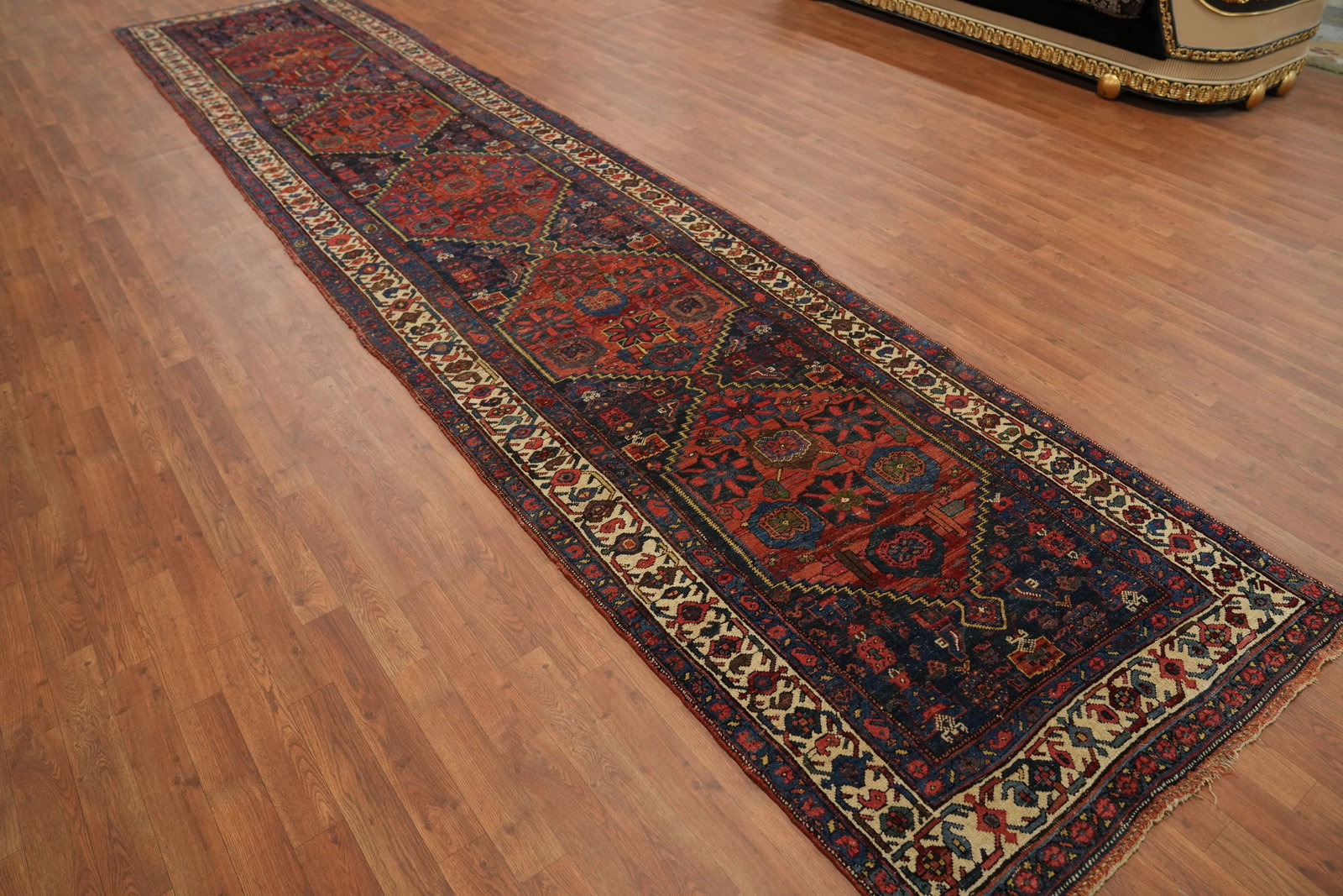 Pre-1900 Vegetable Dye Bidjar Halvaei Persian Runner Rug 4x18 - 4