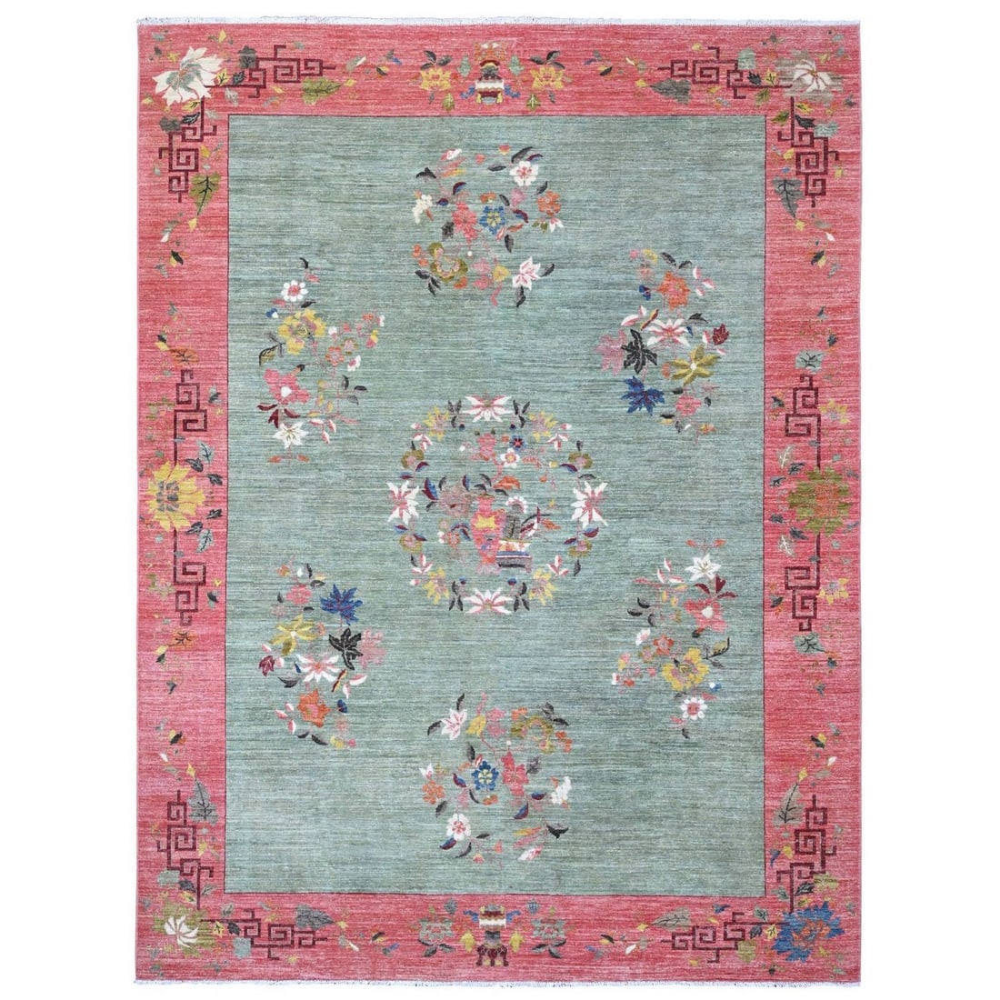 Green Chinese Art Deco Revival 100% Wool Hand Knotted Oriental Rug: Title: Green Chinese Art Deco Revival 100% Wool Hand Knotted Oriental Rug Description:This is a truly genuine one-of-a-kind. It has been Knotted for months and months in the centuries-old weaving craf