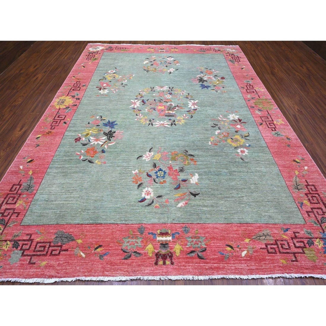 Green Chinese Art Deco Revival 100% Wool Hand Knotted Oriental Rug - 2