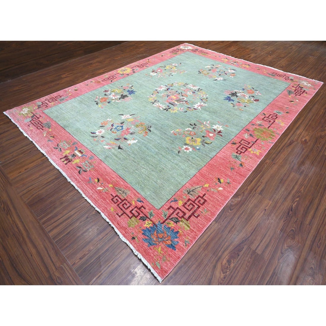 Green Chinese Art Deco Revival 100% Wool Hand Knotted Oriental Rug - 3