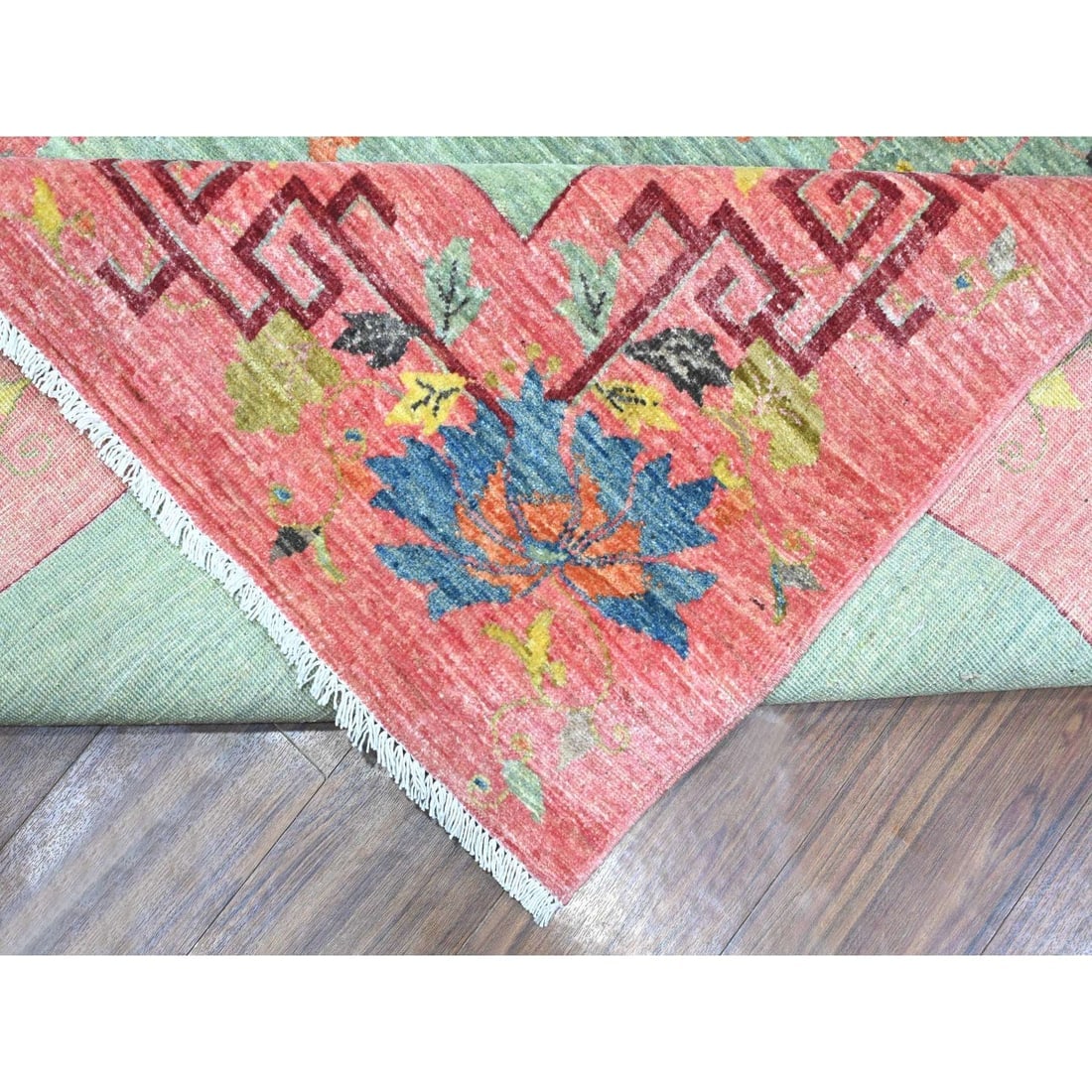 Green Chinese Art Deco Revival 100% Wool Hand Knotted Oriental Rug - 6