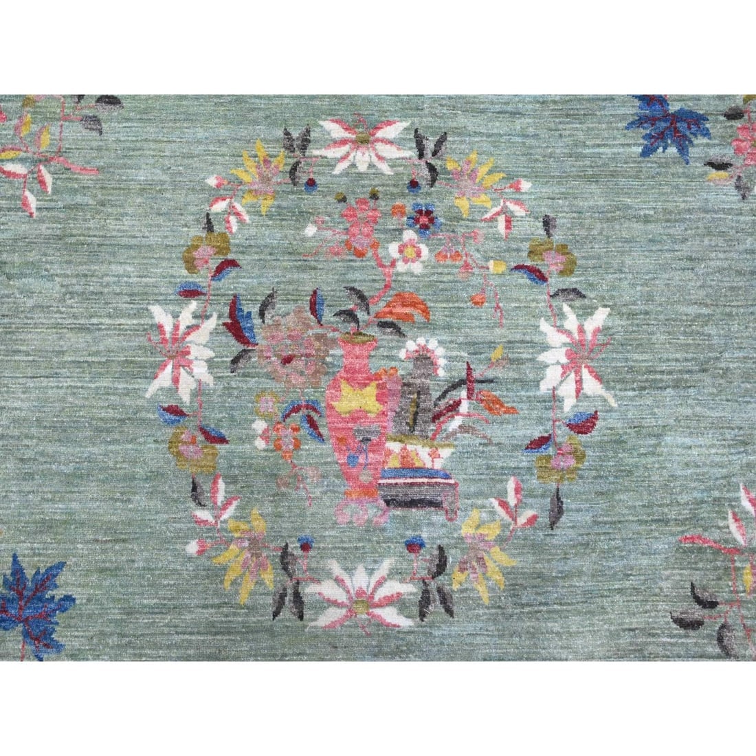 Green Chinese Art Deco Revival 100% Wool Hand Knotted Oriental Rug - 8