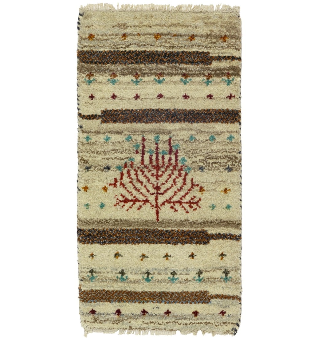 Multicolored Tribal 1'4X2'7 Indo-Gabbeh Oriental Rug: Title:Multicolored Tribal 1'4X2'7 Indo-Gabbeh Oriental Rug Description :Hand Knotted 1'4X2'7 multicolor Oriental rug made with vegetable dyes (fine wool pile and cotton foundation), superior knot coun