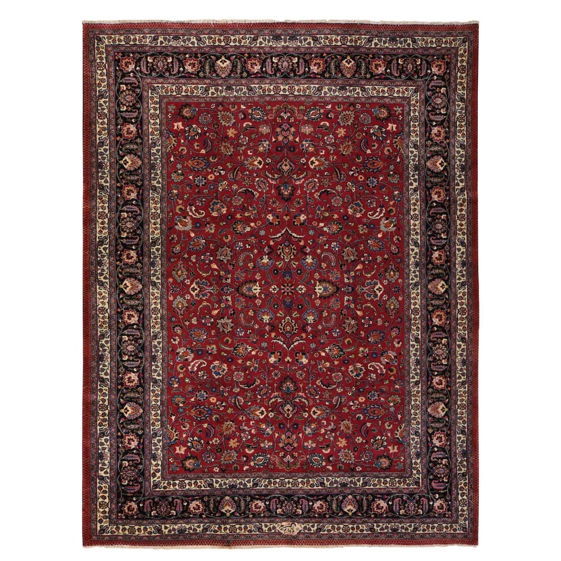 Jazzy Red Persian Meshad All Over Design Hand Knotted Pure Wool Rug: Title: Jazzy Red Persian Meshad All Over Design Hand Knotted Pure Wool Rug Description:This is a truly genuine one-of-a-kind. It has been Knotted for months and months in the centuries-old weaving cra