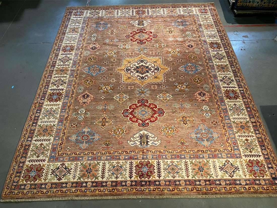 EXQUISITE FINE SUPER KAZAK RUG 8'.5"x10'.3": Title:EXQUISITE FINE SUPER KAZAK RUG 8'.5"x10'.3" Description:8'.5"x10'.3" Super quality Unique design Kazak Rug, hand spun and hand knotted rug in Pakistan 100% Vegge Dye natural wool with beautiful 