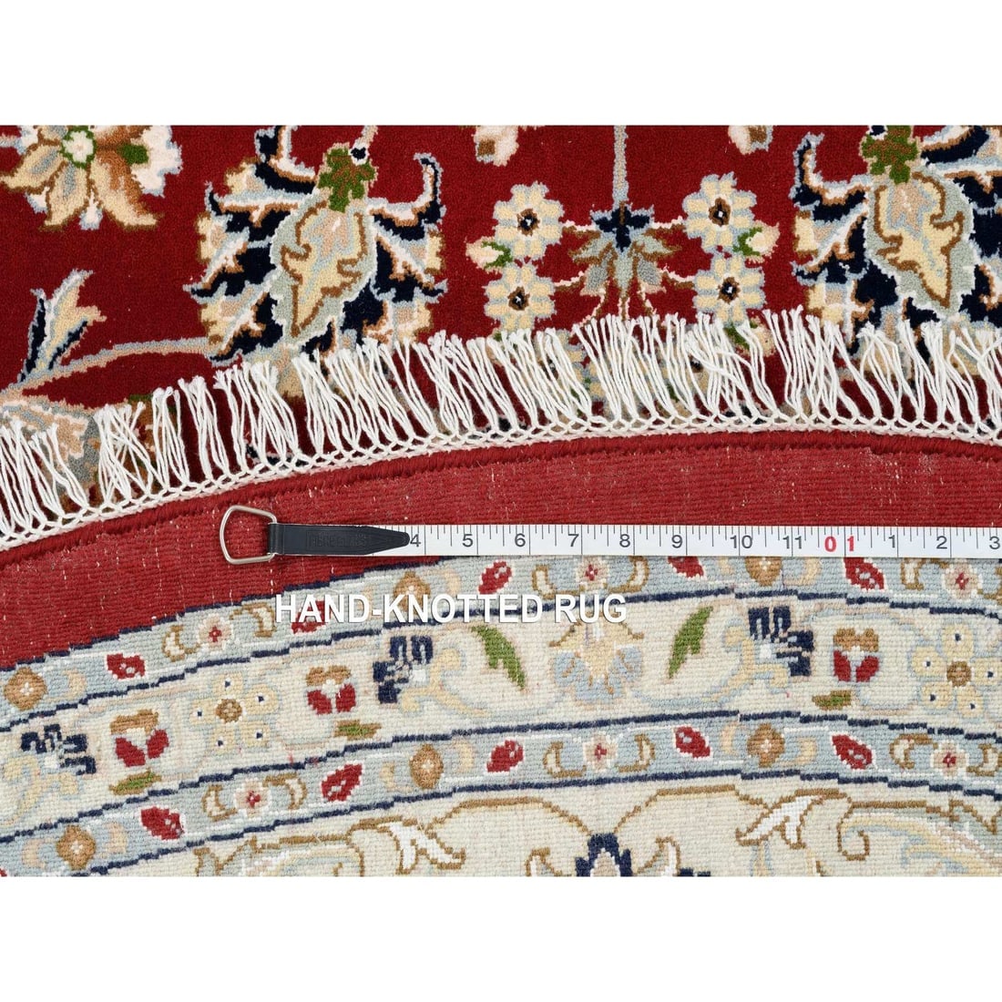 Cherry Red Hand Knotted Nain Flower Design 250 KPSI Wool Round Rug - 12