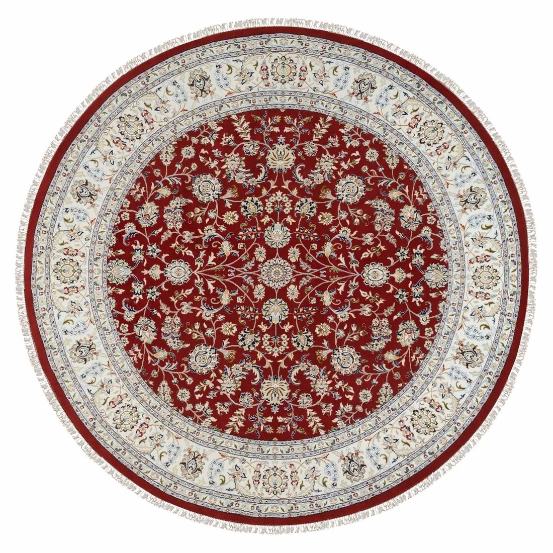 Cherry Red Hand Knotted Nain Flower Design 250 KPSI Wool Round Rug: Title: Cherry Red Hand Knotted Nain Flower Design 250 KPSI Wool Round Rug Description:This is a truly genuine one-of-a-kind. It has been Knotted for months and months in the centuries-old weaving craf
