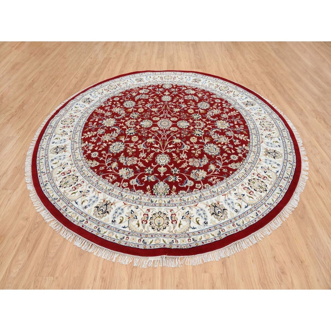 Cherry Red Hand Knotted Nain Flower Design 250 KPSI Wool Round Rug - 3
