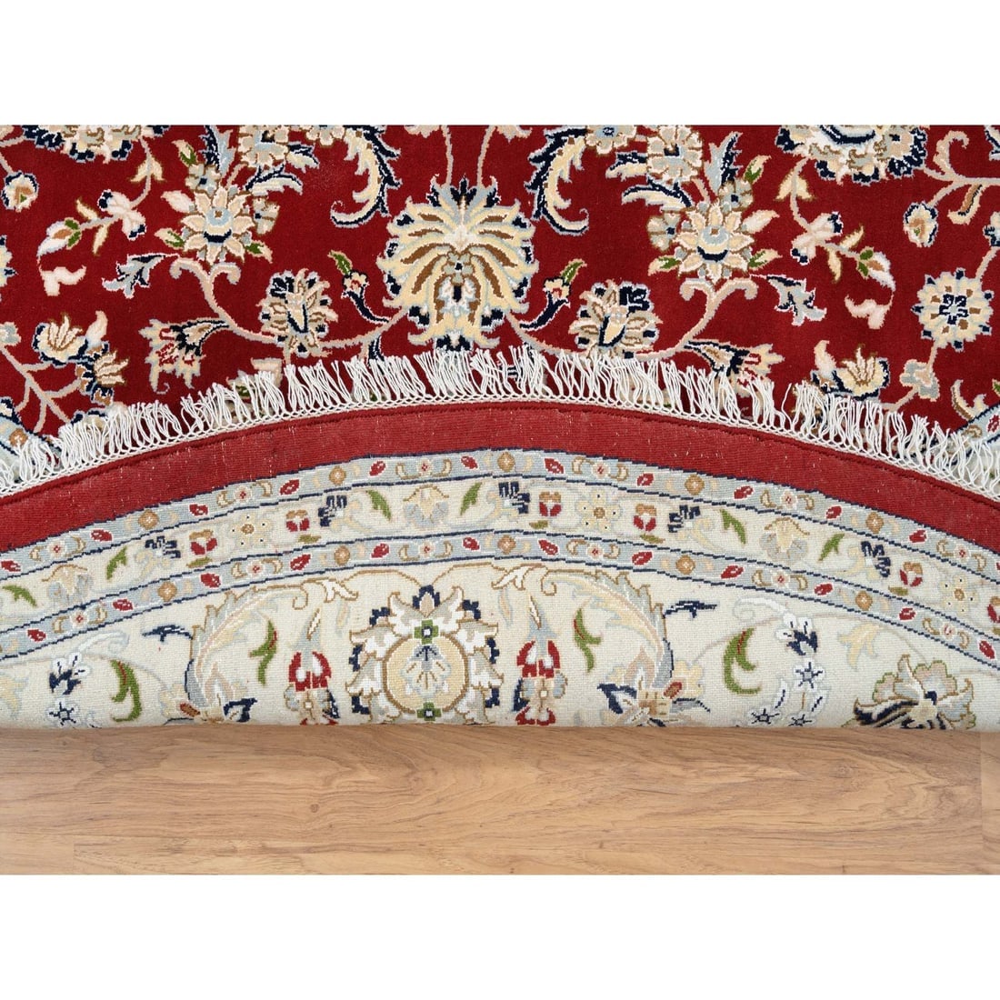 Cherry Red Hand Knotted Nain Flower Design 250 KPSI Wool Round Rug - 5