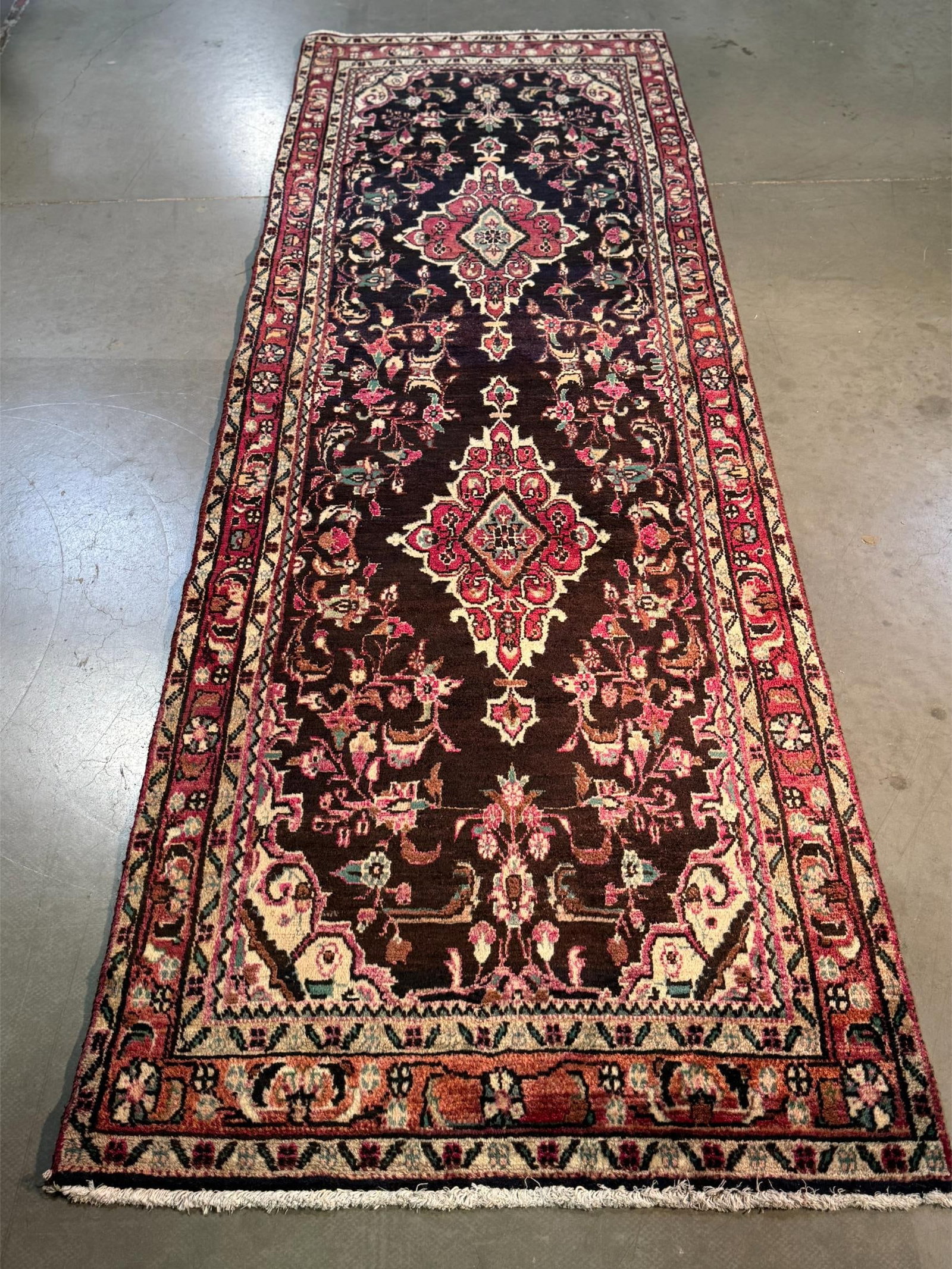 Magnificent Persian Hamedan 3.4x9.9: Title:Magnificent Persian Hamedan 3.4x9.9 Description:Magnificent. Fine Persian Hamedan wool runner, in black, red, and multi other accent colors, vege dye natural wool ,cotton foundation,hand