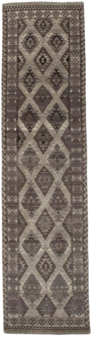 Multicolored Modern 3X10 Indo-Gabbeh Oriental Runner Rug: Title:Multicolored Modern 3X10 Indo-Gabbeh Oriental Runner Rug Description :Handmade 3X10 brown oriental runner made with natural dyes (fine wool pile and cotton foundation), superior knot count, and
