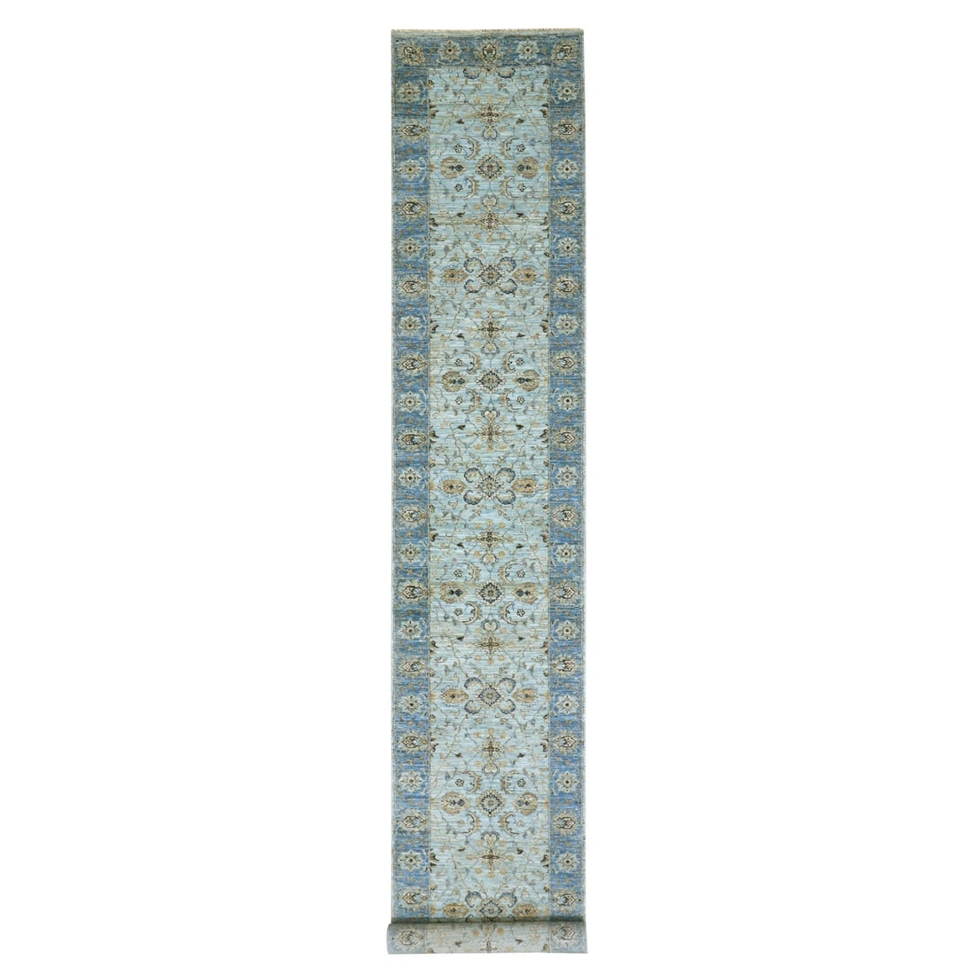 Aqua Frost Blue Extra Soft Wool Shah Abbas Hand Knotted XL Runner Rug: Title: Aqua Frost Blue Extra Soft Wool Shah Abbas Hand Knotted XL Runner Rug Description:This is a truly genuine one-of-a-kind. It has been Knotted for months and months in the centuries-old weaving c