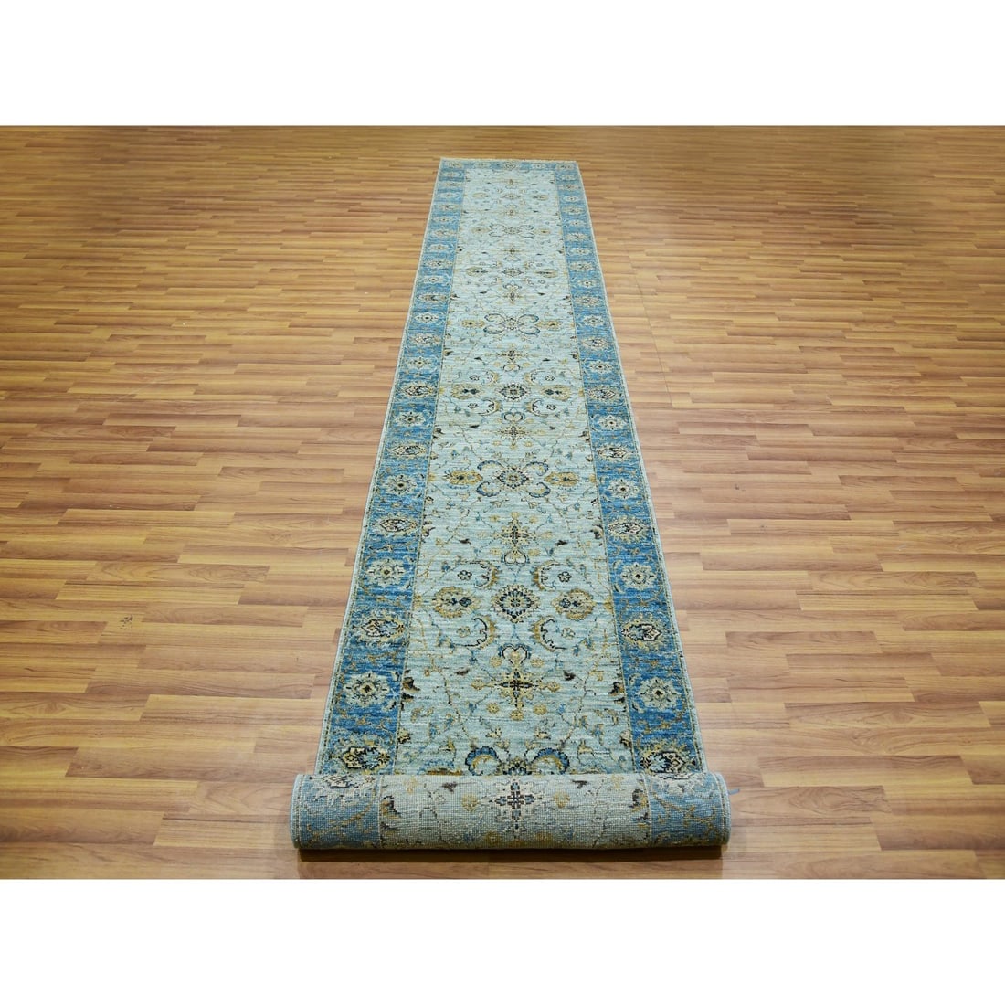 Aqua Frost Blue Extra Soft Wool Shah Abbas Hand Knotted XL Runner Rug - 2