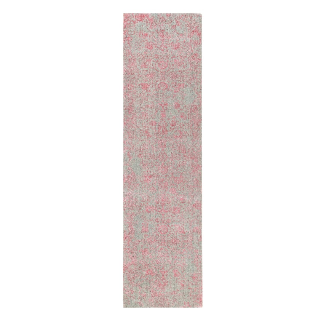 Pink Erased Persian Design Wool and Art Silk Hand Loomed Jacquard Rug: Title: Pink Erased Persian Design Wool and Art Silk Hand Loomed Jacquard Rug Description:This is a truly genuine one-of-a-kind. It has been Knotted for months and months in the centuries-old weaving c