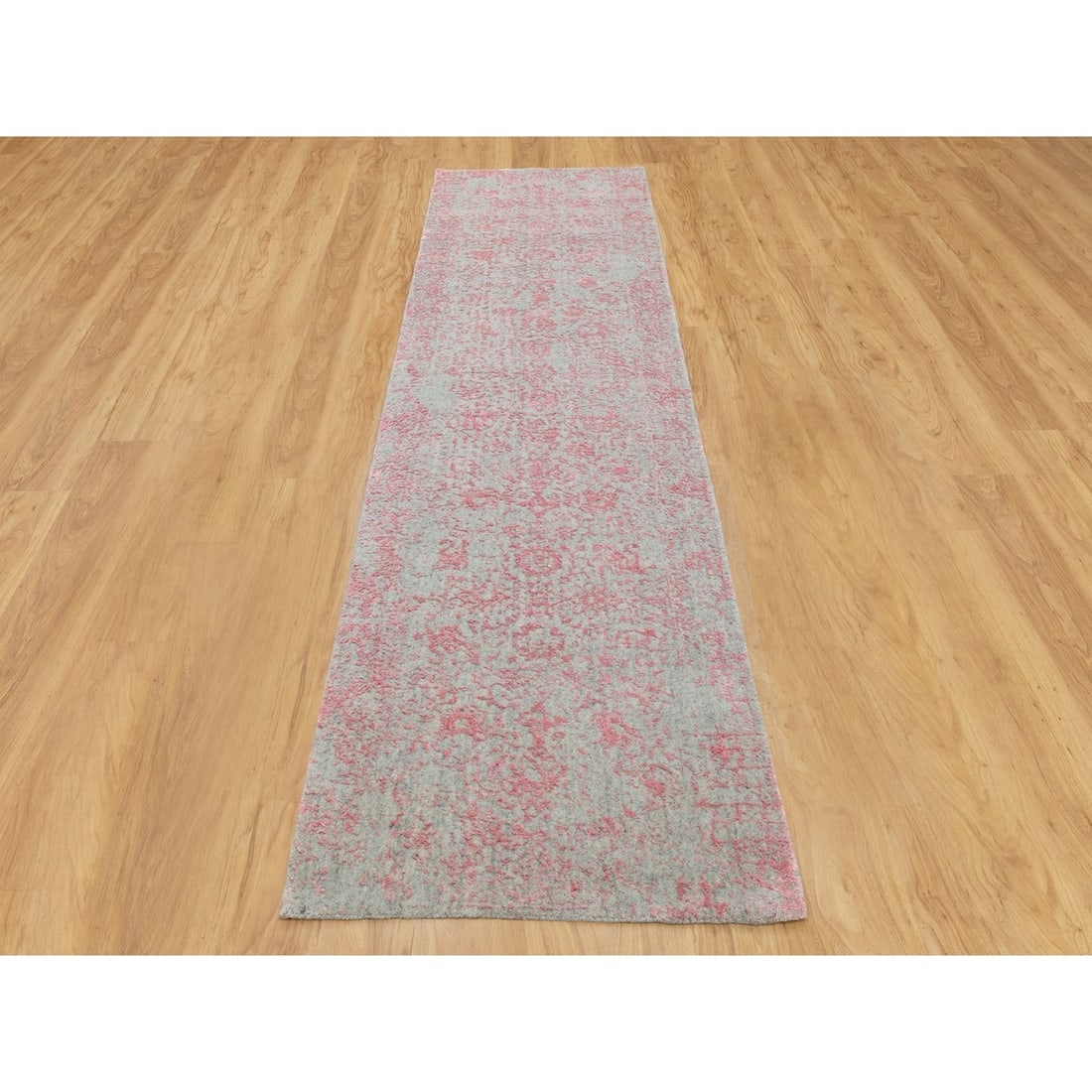 Pink Erased Persian Design Wool and Art Silk Hand Loomed Jacquard Rug - 2