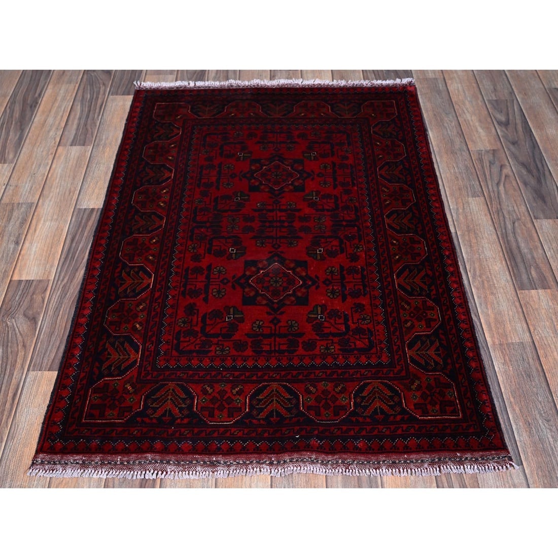 Red Hand Knotted Afghan Khamyab with Tribal Design All Wool Sample Rug - 2
