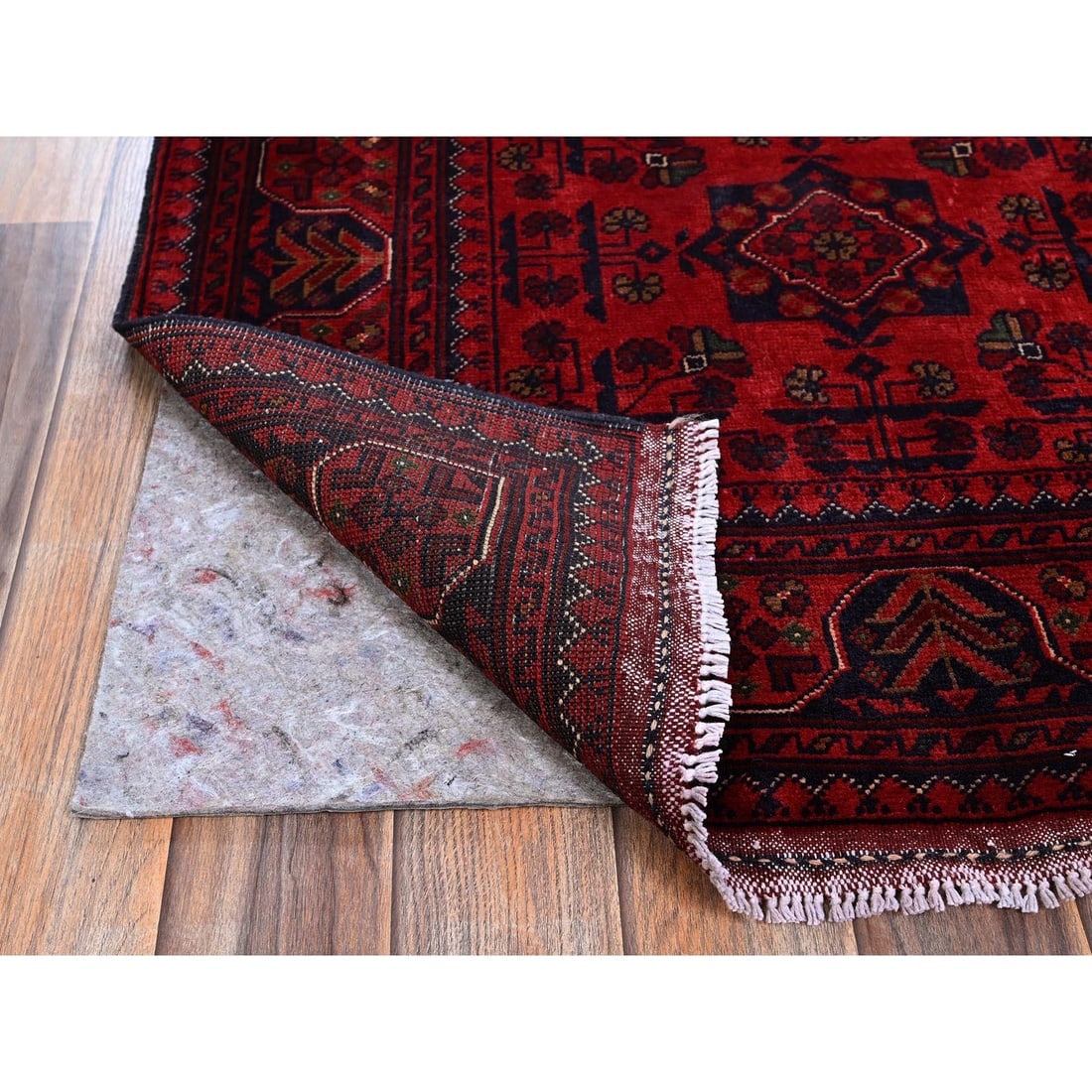 Red Hand Knotted Afghan Khamyab with Tribal Design All Wool Sample Rug - 3