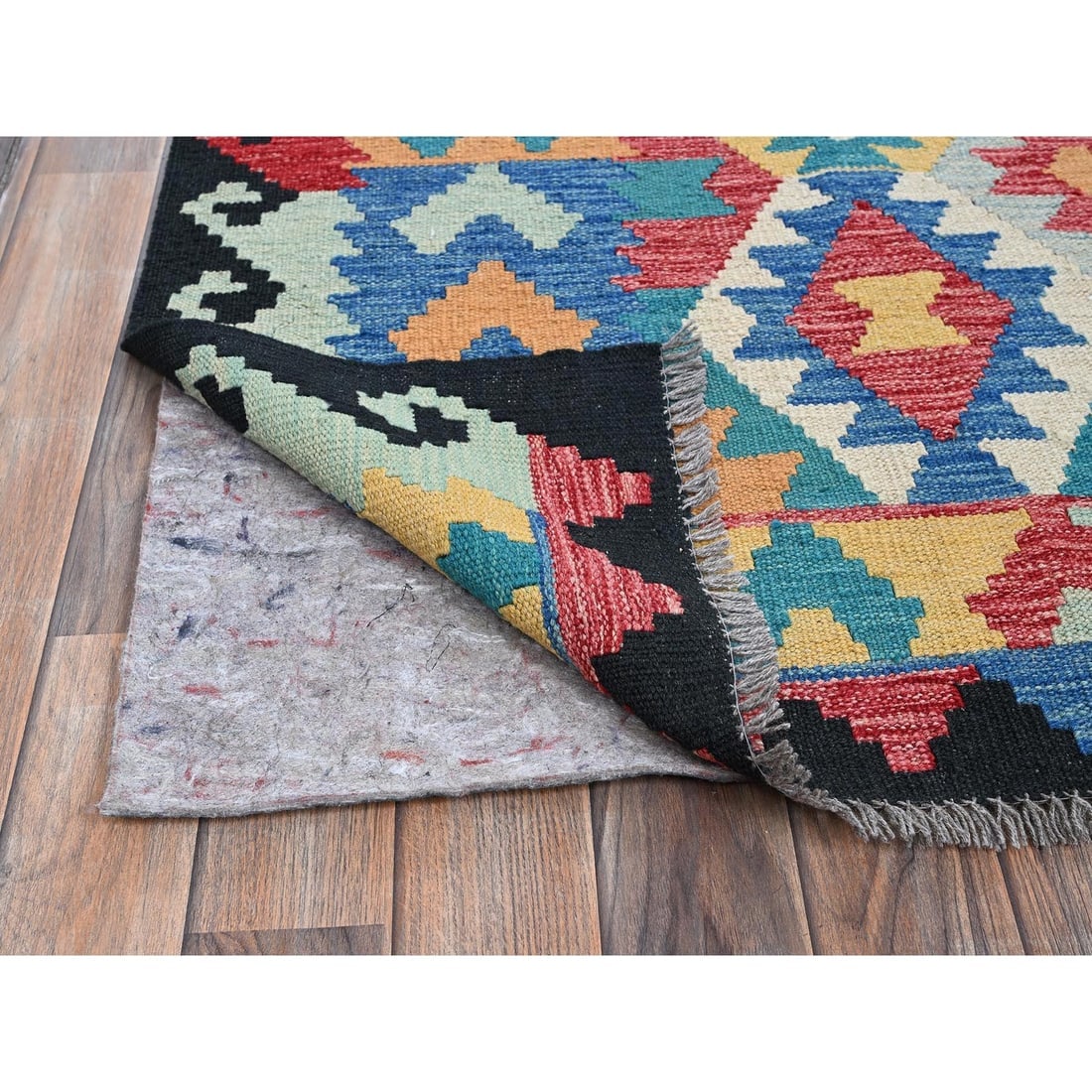 Blue Afghan Kilim Geometric Pattern Hand Woven Flat Weave All Wool Rug - 2