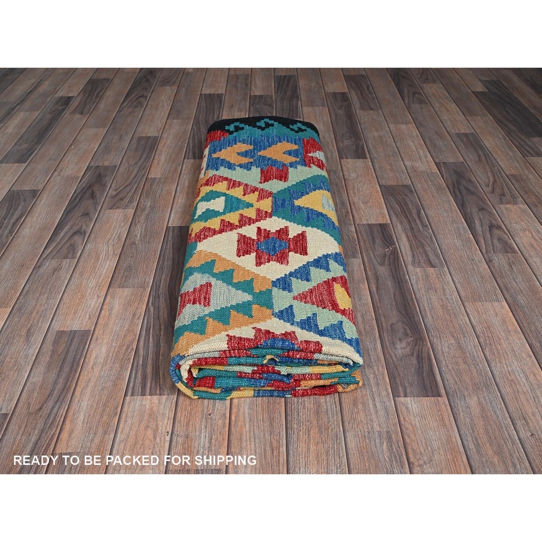 Blue Afghan Kilim Geometric Pattern Hand Woven Flat Weave All Wool Rug - 4